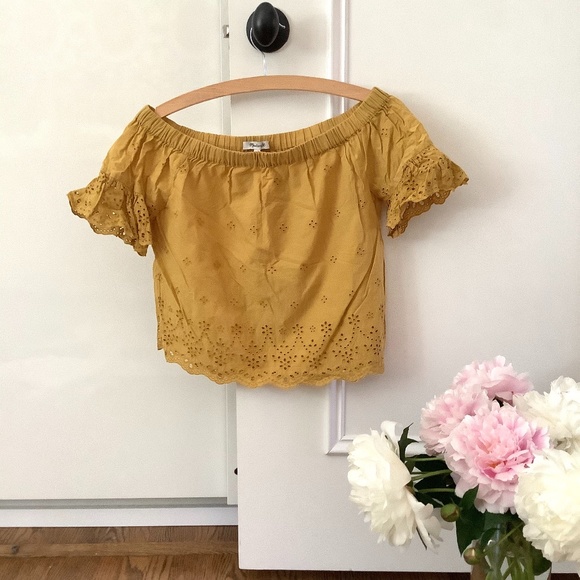 Madewell yellow off the shoulder eyelet top - Picture 2 of 6
